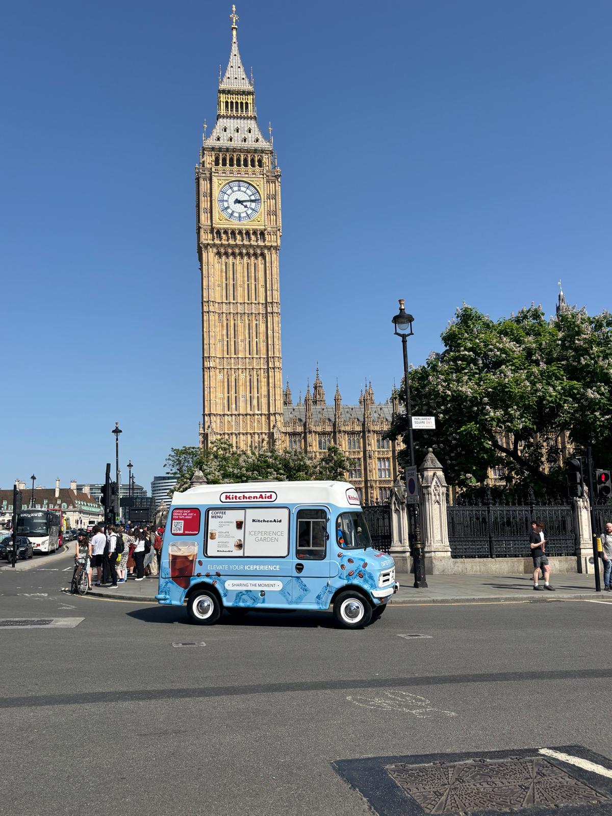 A wrapped Bedford CF beside Elizabeth Tower in London