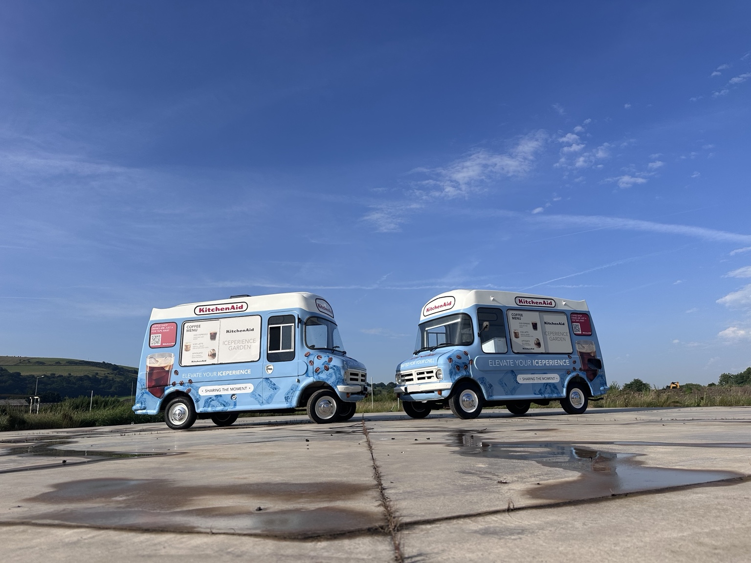 William and Percy in matching KitchenAid campaign wraps beneath a blue sky